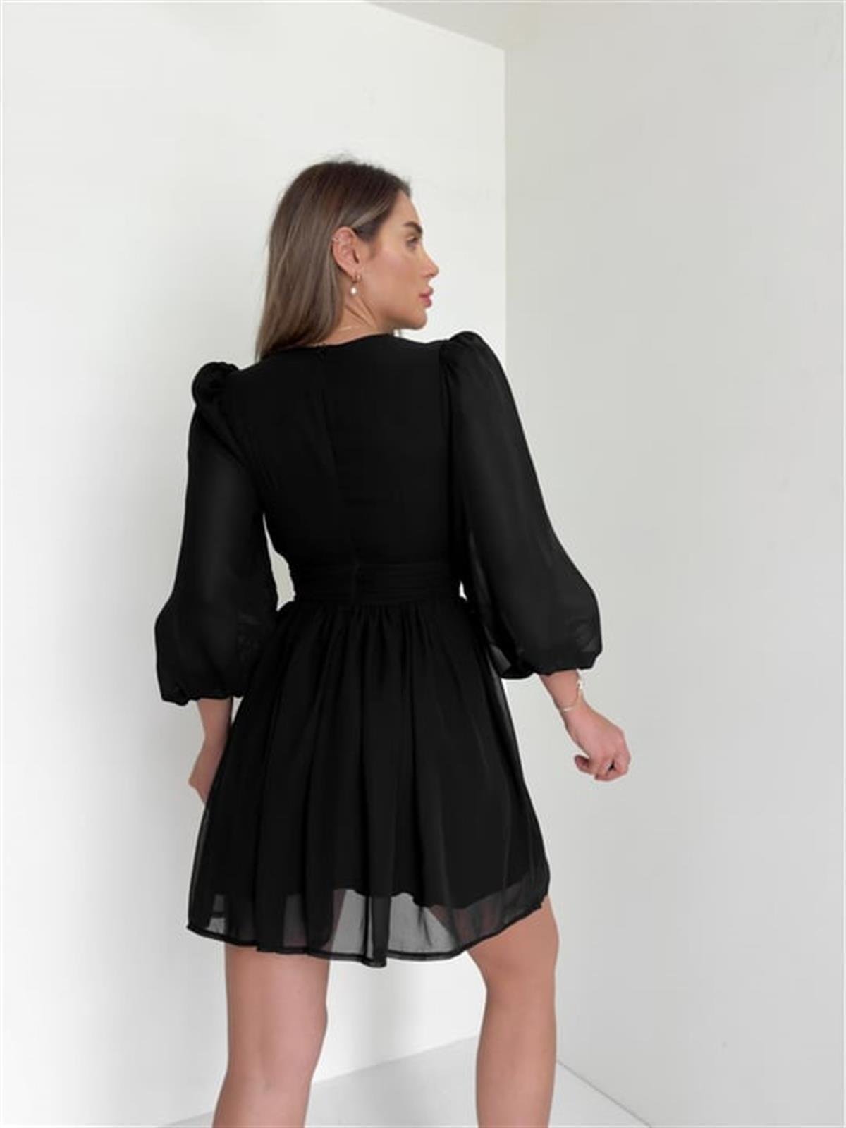 Kruvaze Yaka Belden Oturmalı Şifon Kumaş Kiloş Elbise - SİYAH