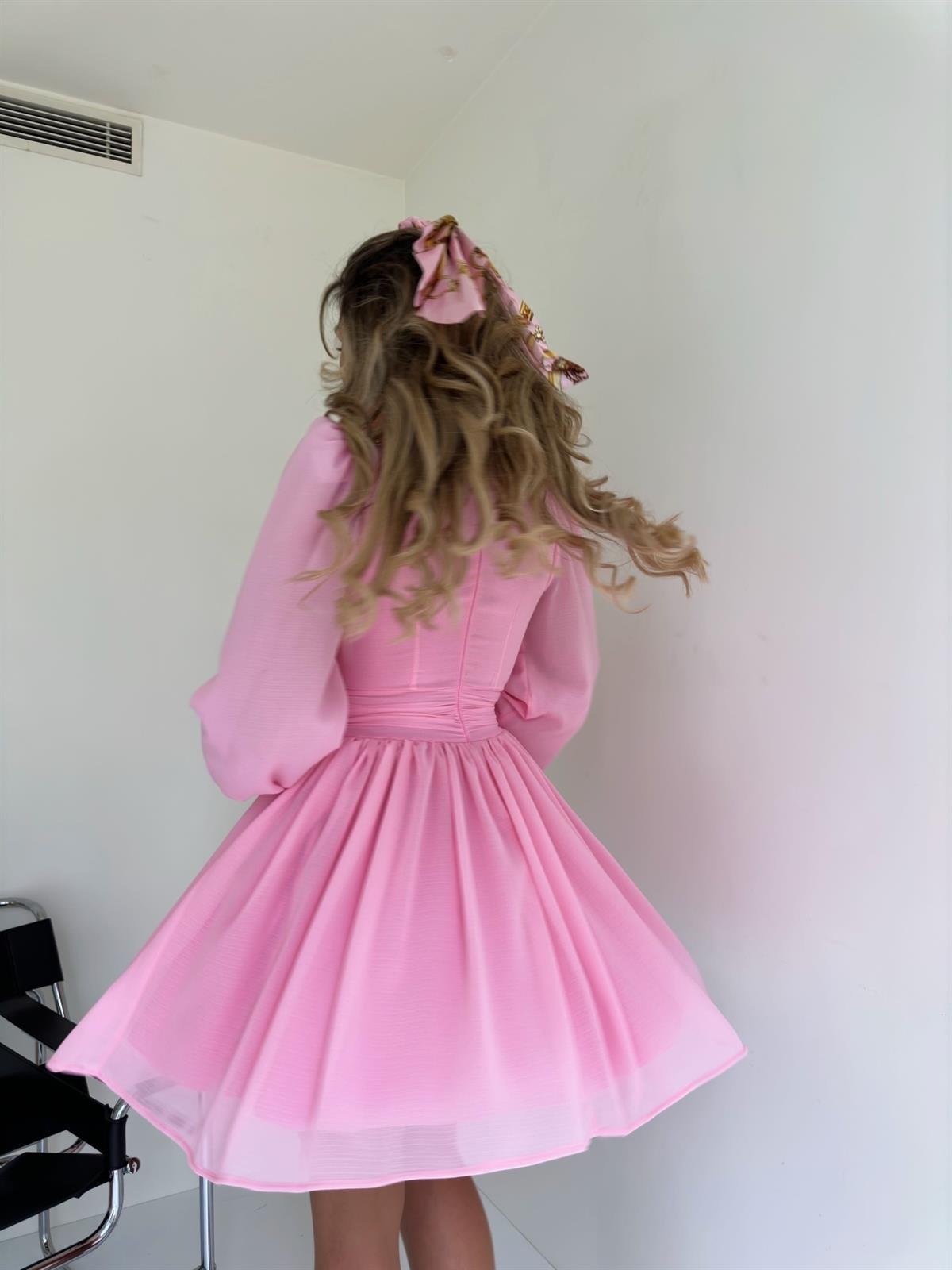 Kruvaze Yaka Belden Oturmalı Şifon Kumaş Kiloş Elbise - PEMBE