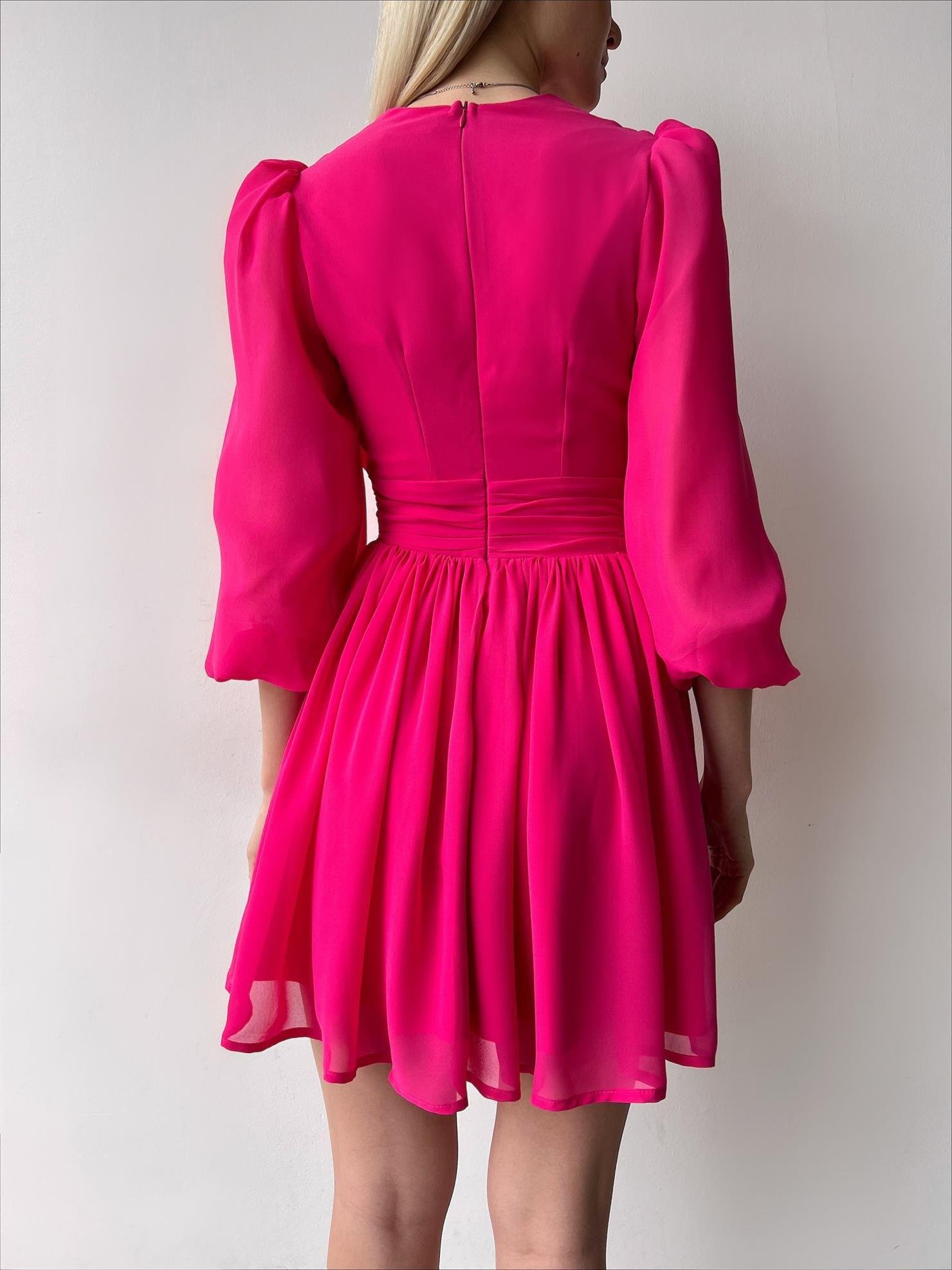 Kruvaze Yaka Belden Oturmalı Şifon Kumaş Kiloş Elbise - FUŞYA PEMBE