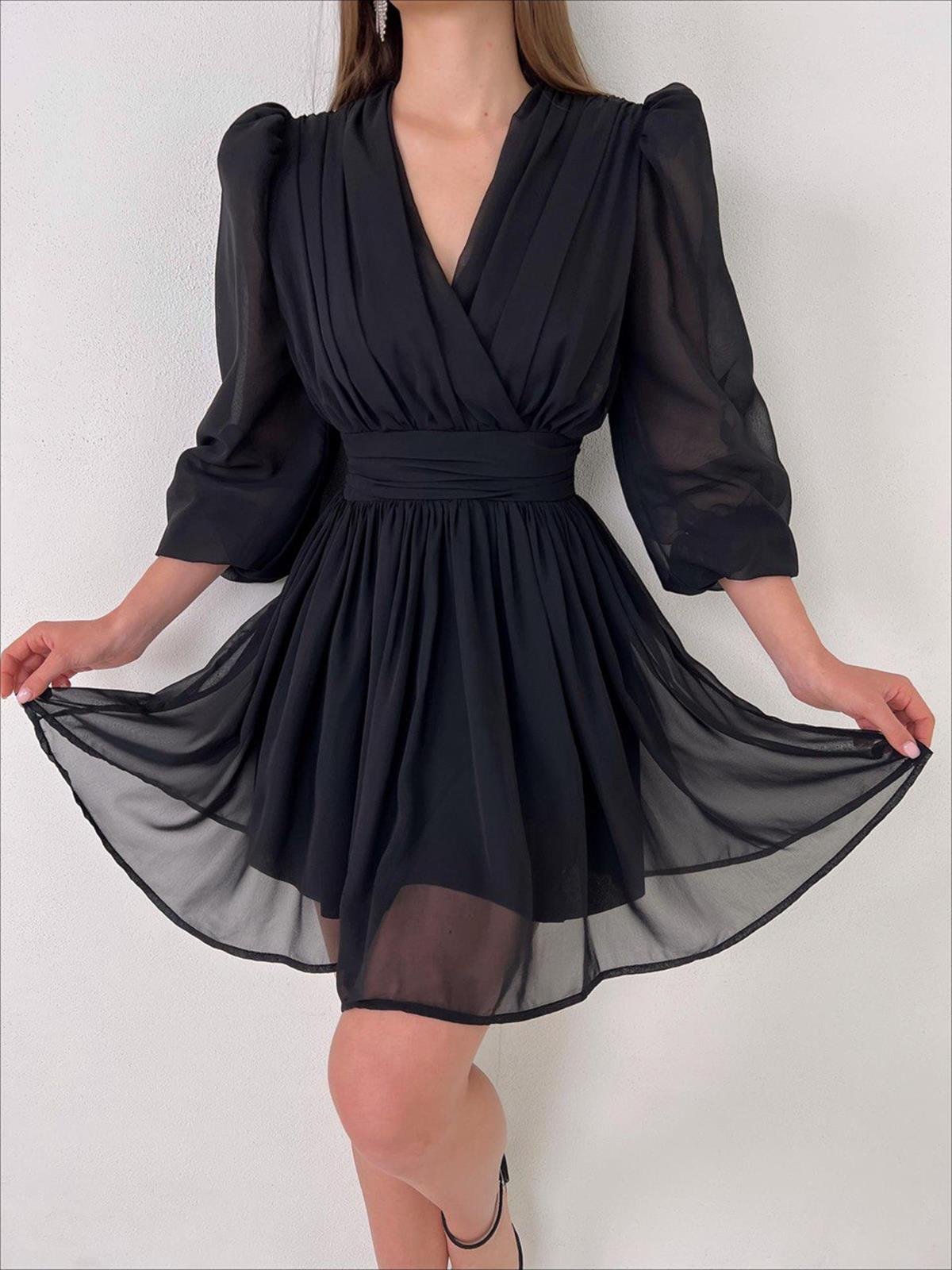 Kruvaze Yaka Belden Oturmalı Şifon Kumaş Kiloş Elbise - SİYAH