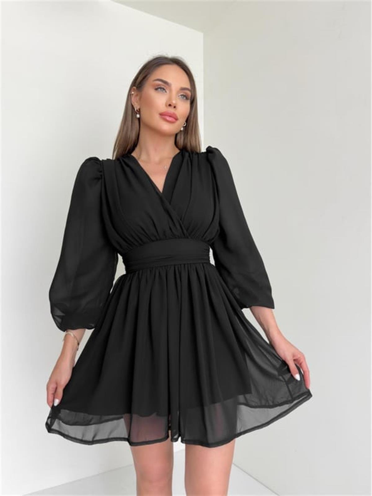 Kruvaze Yaka Belden Oturmalı Şifon Kumaş Kiloş Elbise - SİYAH