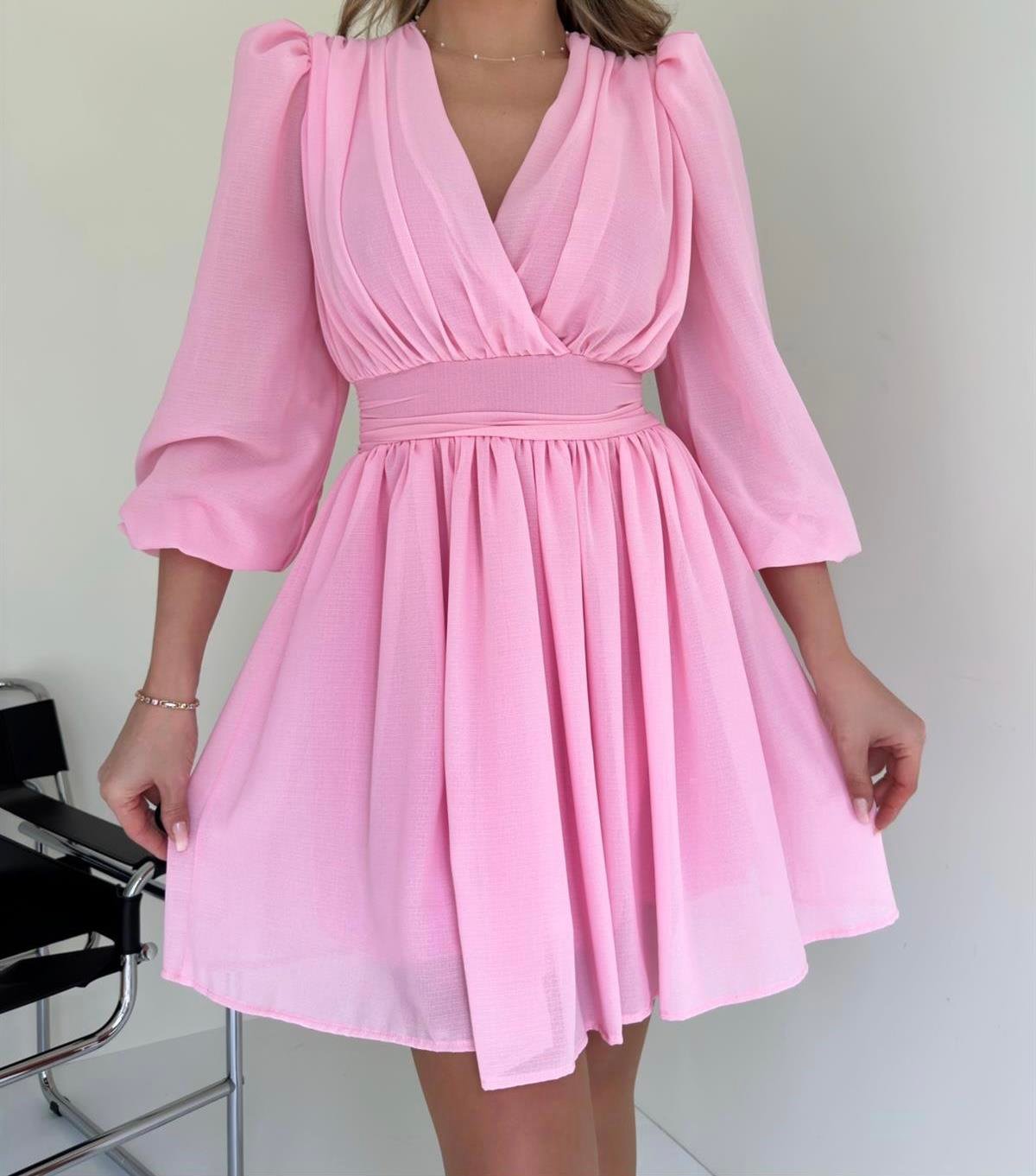 Kruvaze Yaka Belden Oturmalı Şifon Kumaş Kiloş Elbise - PEMBE