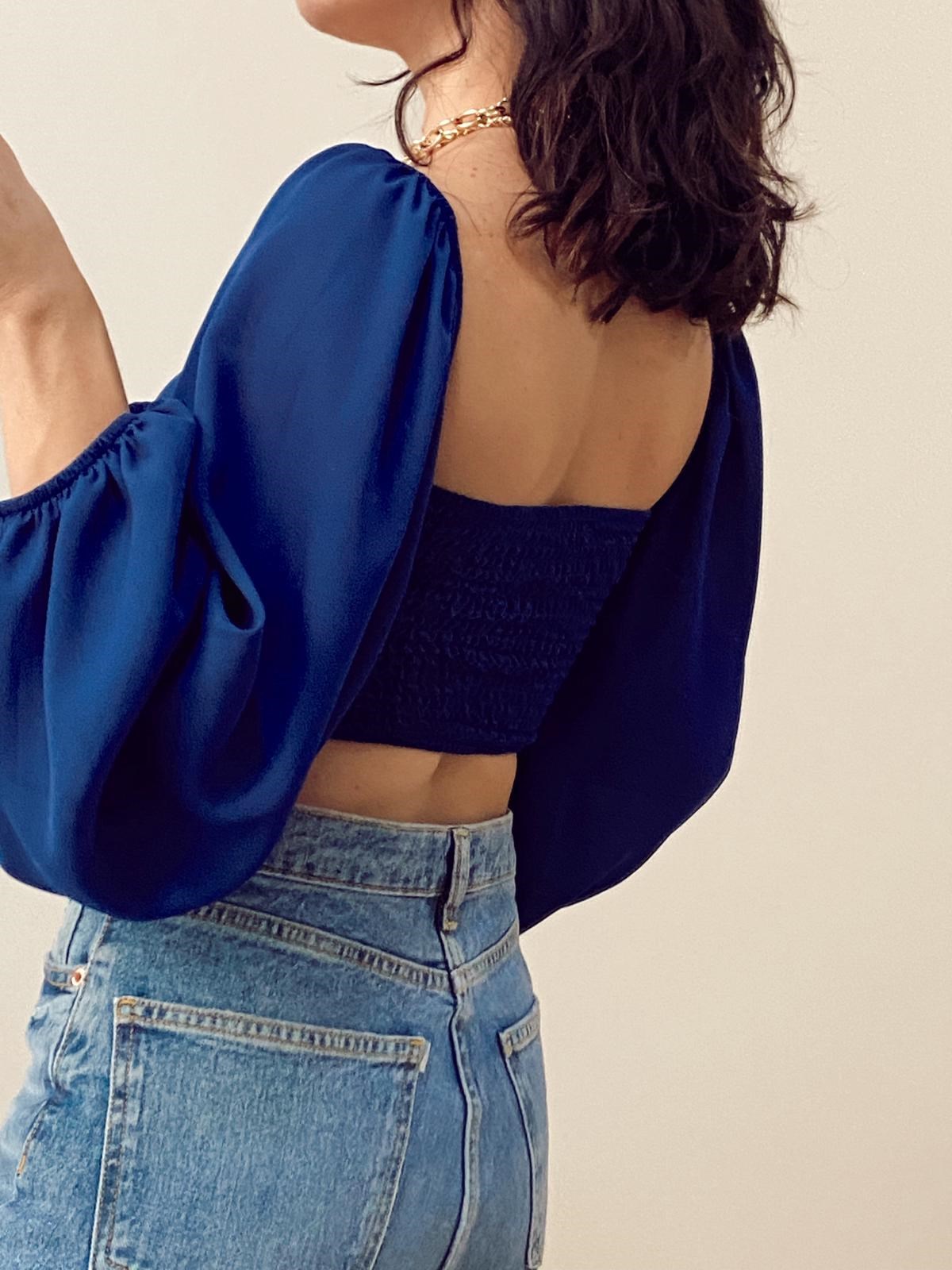 Kruvaze Yaka Bluz - SAKS MAVİ