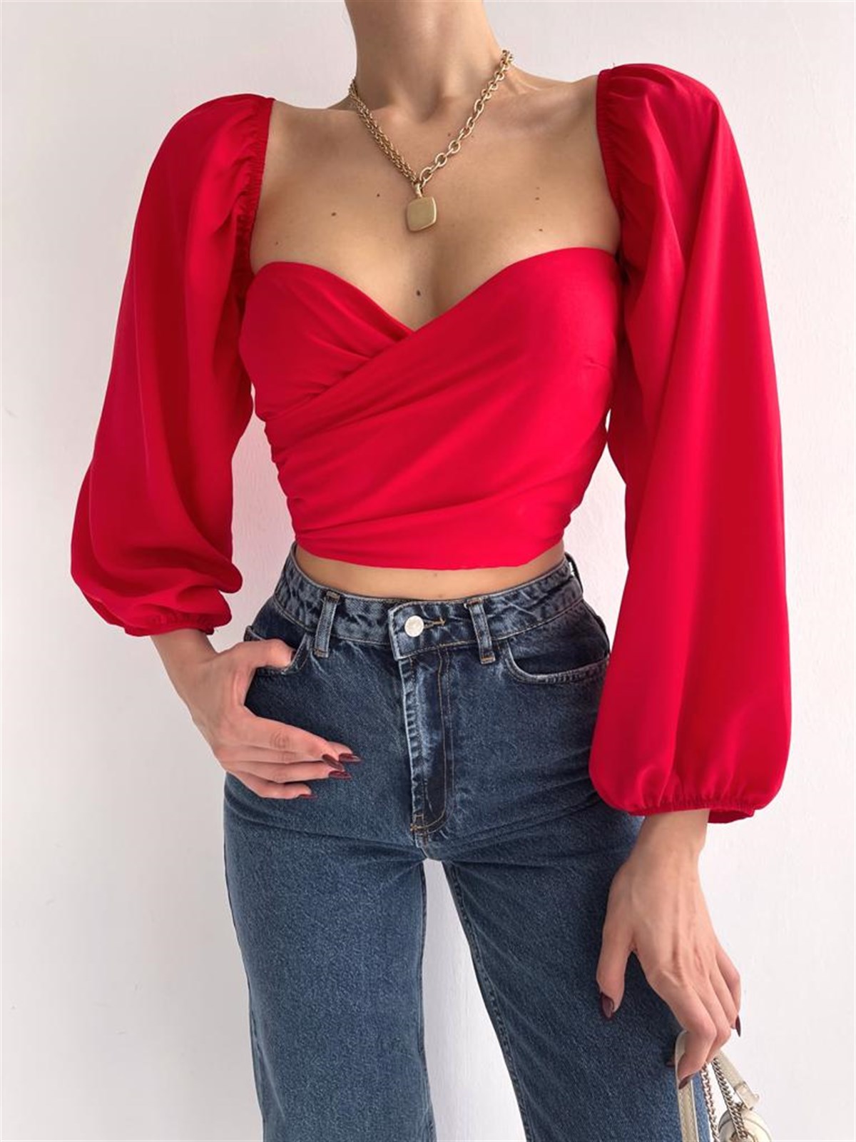 Kruvaze Yaka Bluz - KIRMIZI