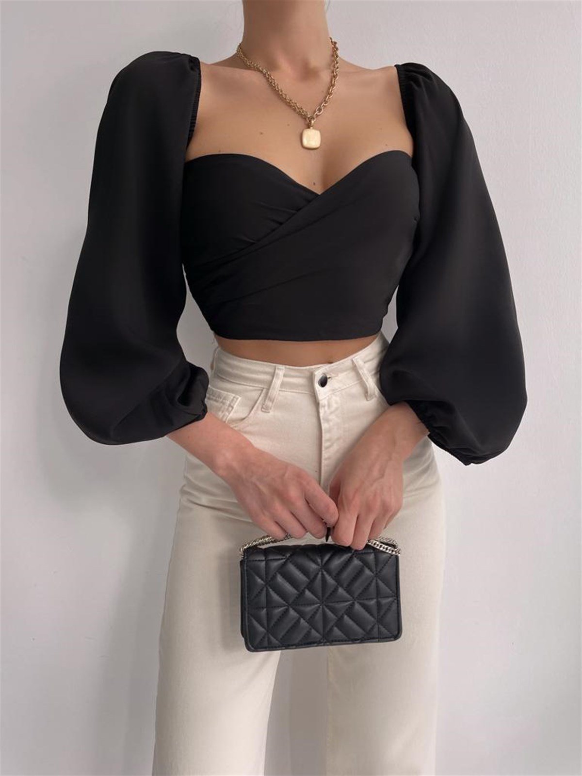 Kruvaze Yaka Bluz - SİYAH