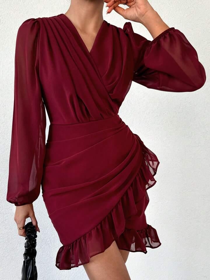 Kruvaze Yaka Drape Detay Etek Ucu Fırfırlı Elbise - BORDO