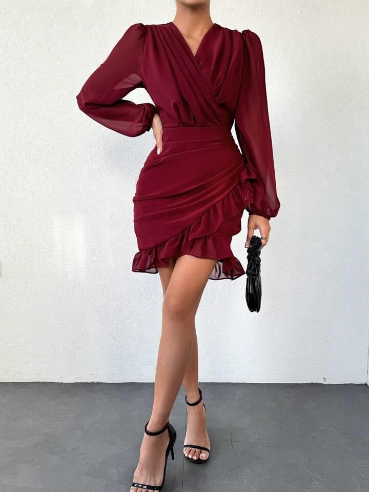 Kruvaze Yaka Drape Detay Etek Ucu Fırfırlı Elbise - BORDO