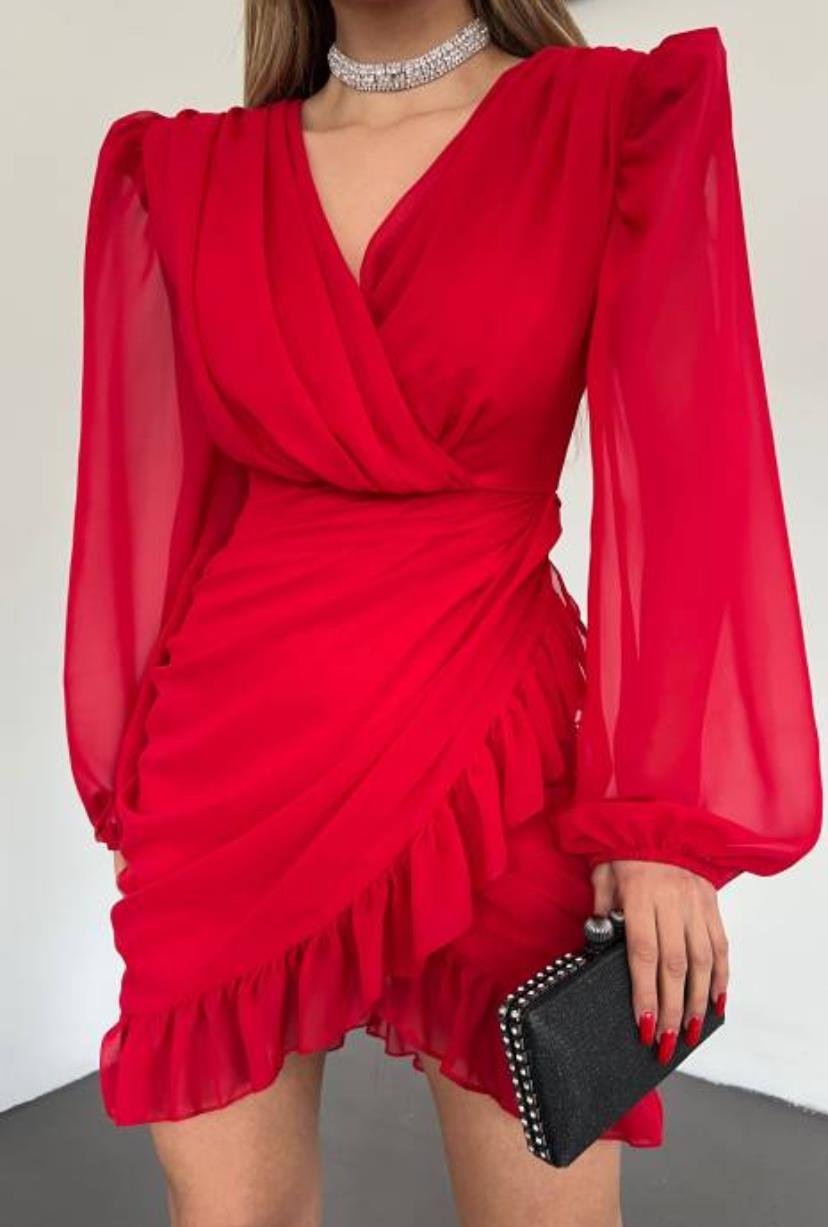Kruvaze Yaka Drape Detay Etek Ucu Fırfırlı Elbise - KIRMIZI