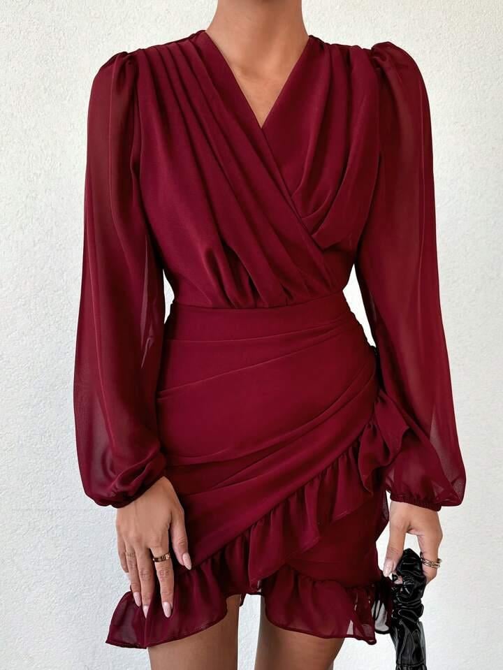 Kruvaze Yaka Drape Detay Etek Ucu Fırfırlı Elbise - BORDO