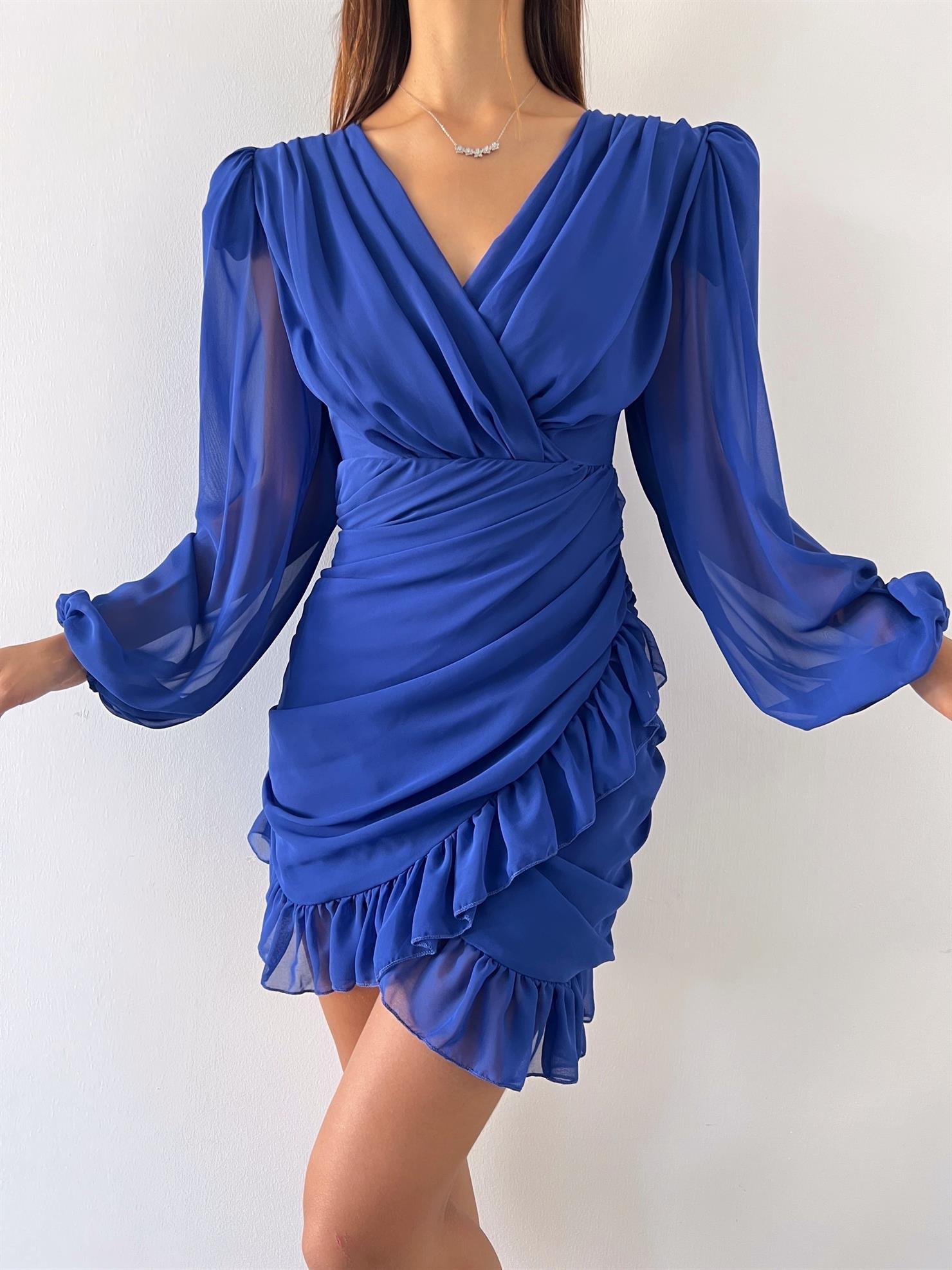 Kruvaze Yaka Drape Detay Etek Ucu Fırfırlı Elbise - SAKS MAVİ