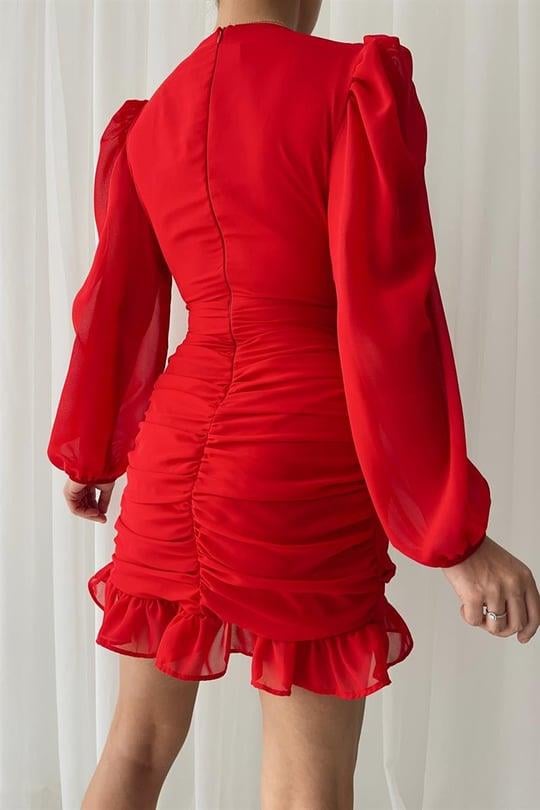 Kruvaze Yaka Drape Detay Etek Ucu Fırfırlı Elbise - KIRMIZI