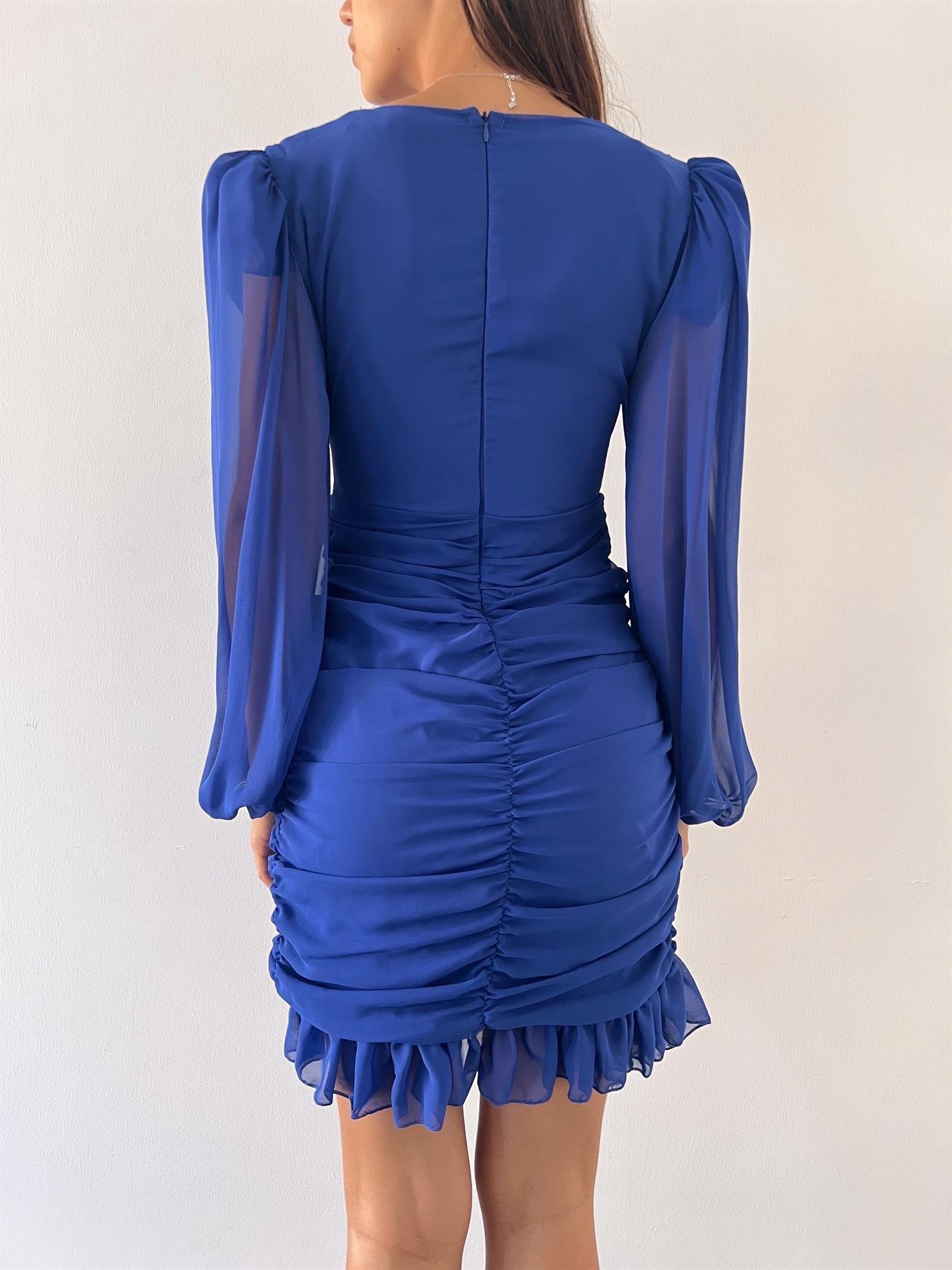 Kruvaze Yaka Drape Detay Etek Ucu Fırfırlı Elbise - SAKS MAVİ