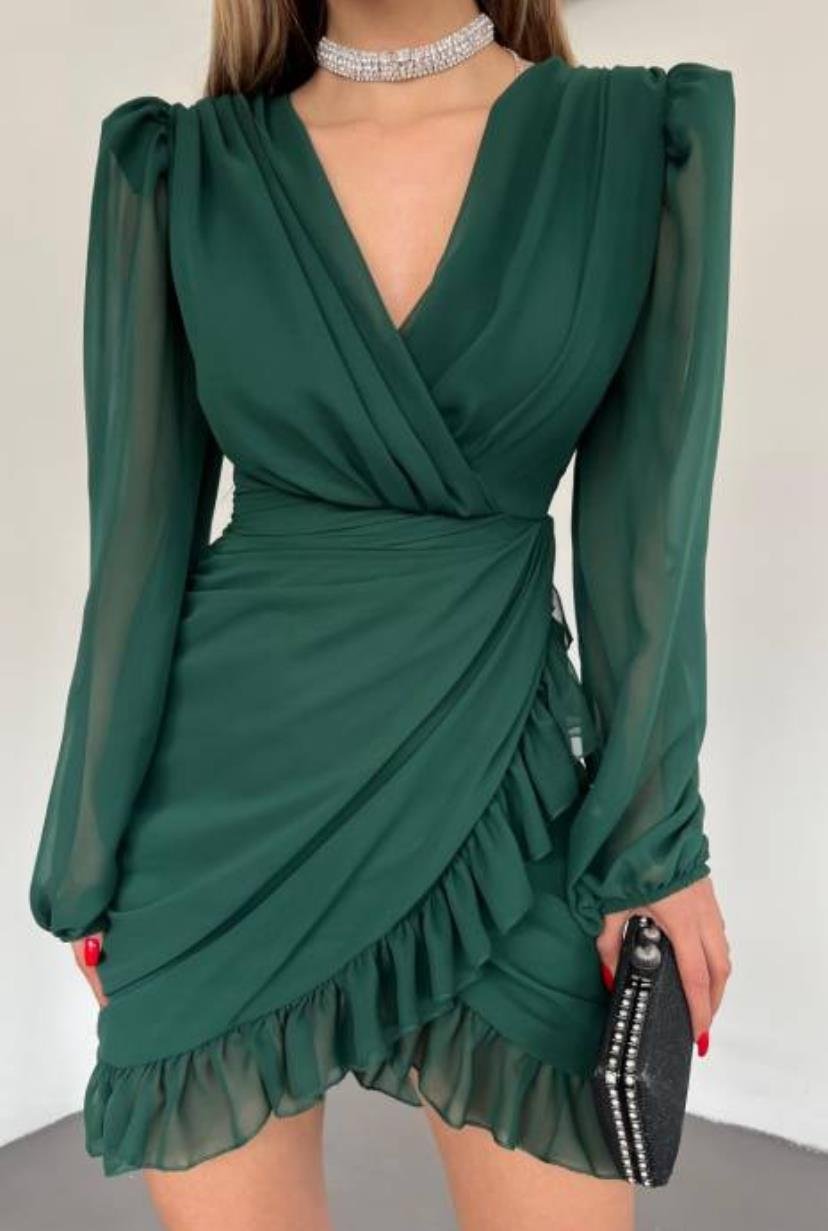 Kruvaze Yaka Drape Detay Etek Ucu Fırfırlı Elbise - HAKİ YEŞİL