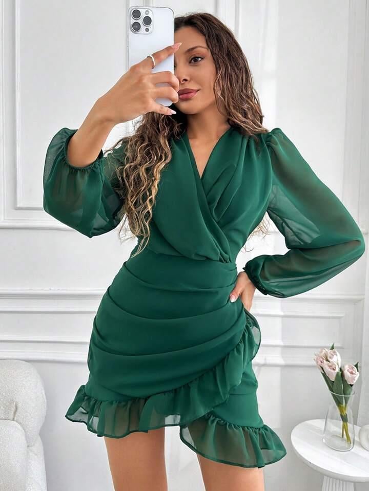 Kruvaze Yaka Drape Detay Etek Ucu Fırfırlı Elbise - HAKİ YEŞİL