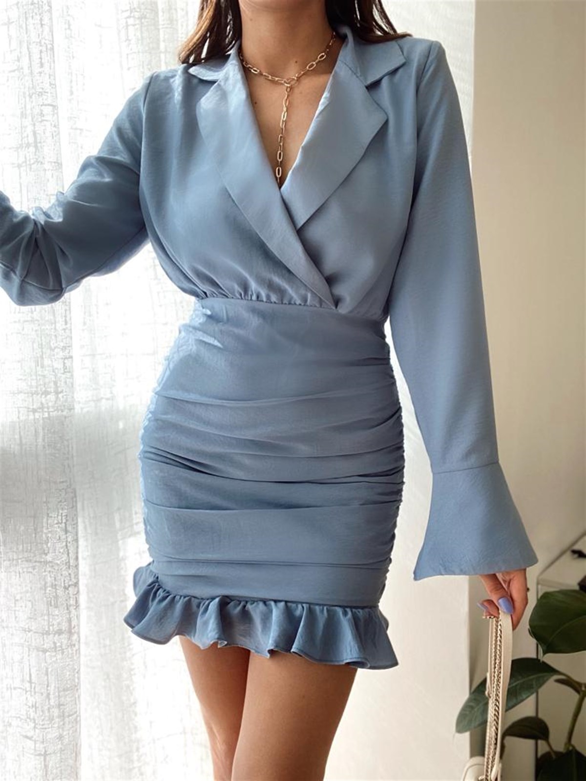 Kruvaze Yaka Drapeli Elbise - MAVİ