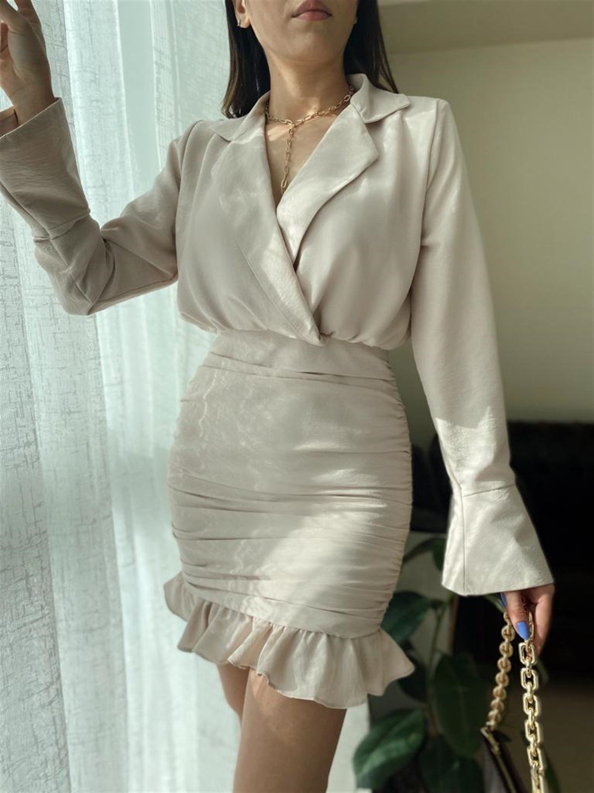 Kruvaze Yaka Drapeli Elbise - TAŞ