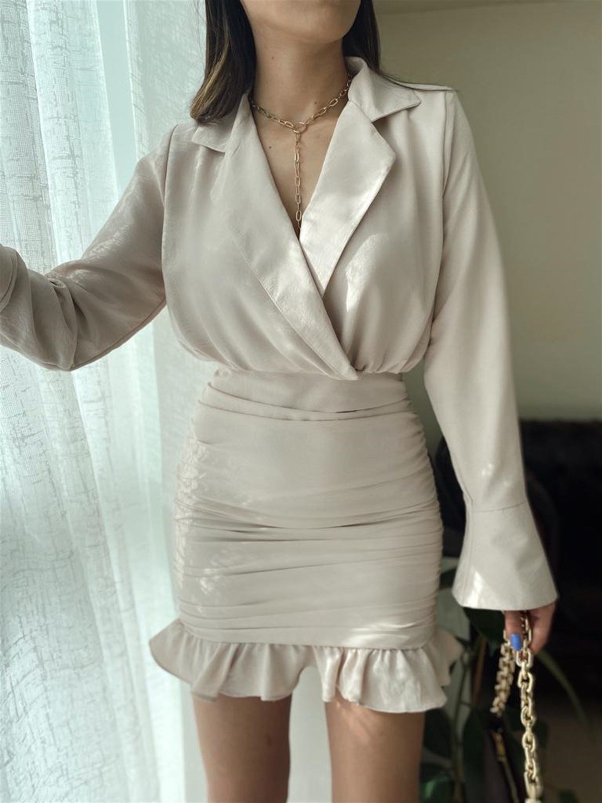 Kruvaze Yaka Drapeli Elbise - TAŞ