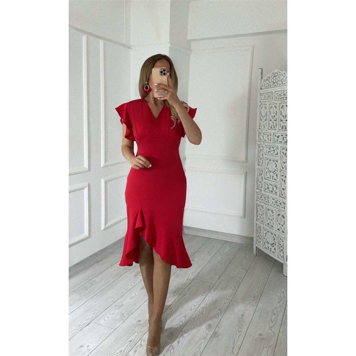 Kruvaze Yaka Etek Volanlı Elbise - KIRMIZI
