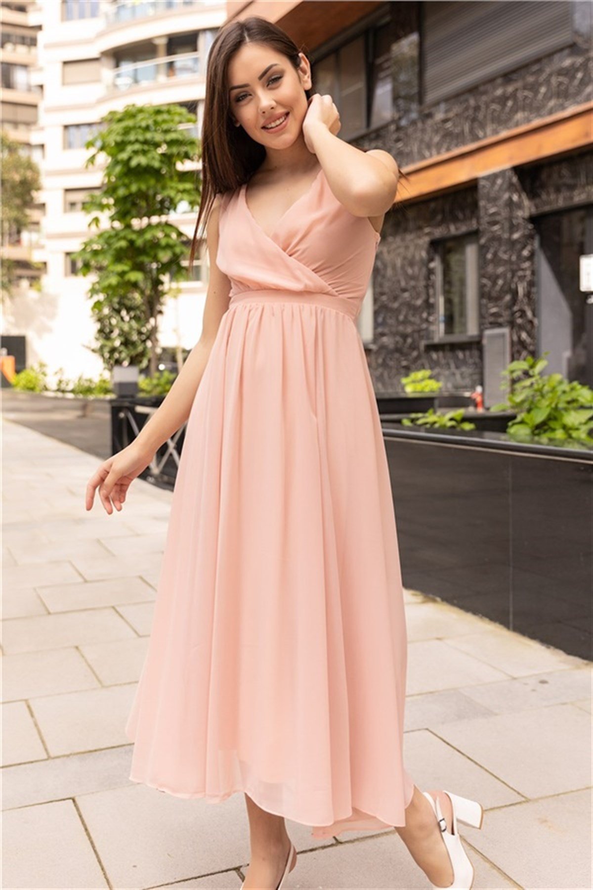 Kruvaze Yaka Midi Boy Şifon Elbise - SOMON RENK