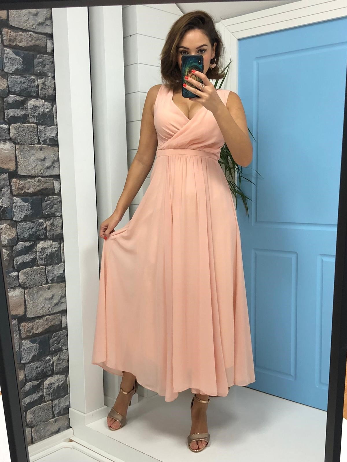 Kruvaze Yaka Midi Boy Şifon Elbise - SOMON RENK