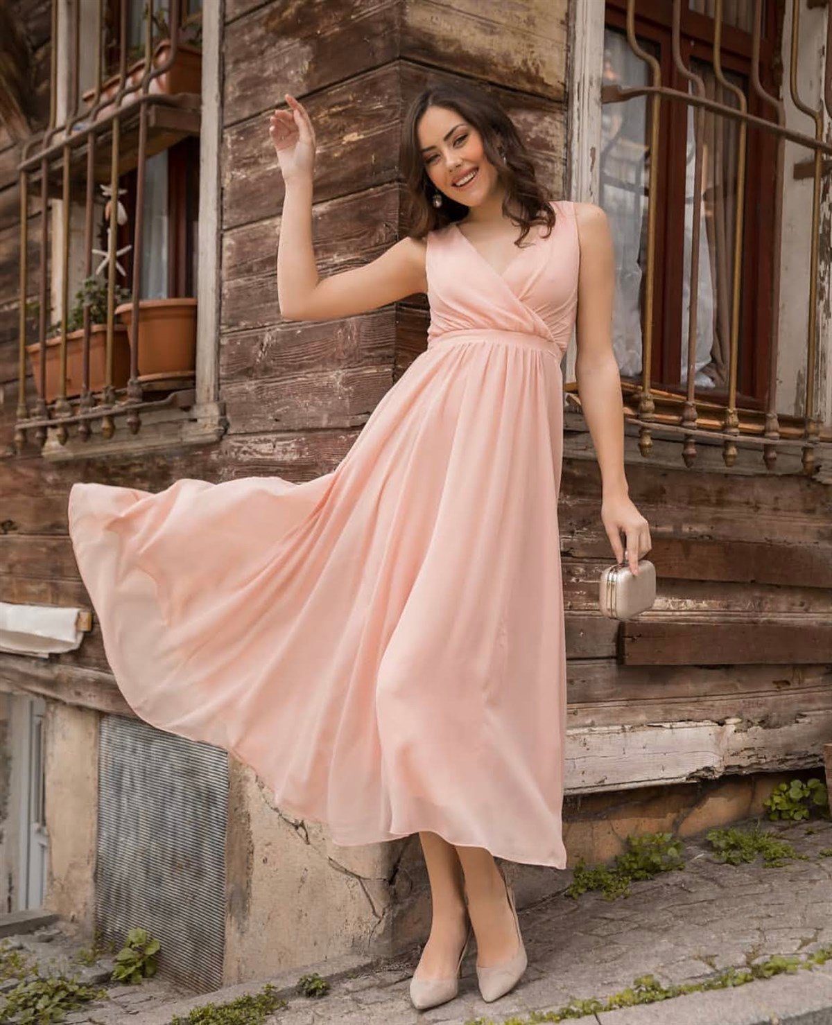 Kruvaze Yaka Midi Boy Şifon Elbise - SOMON RENK