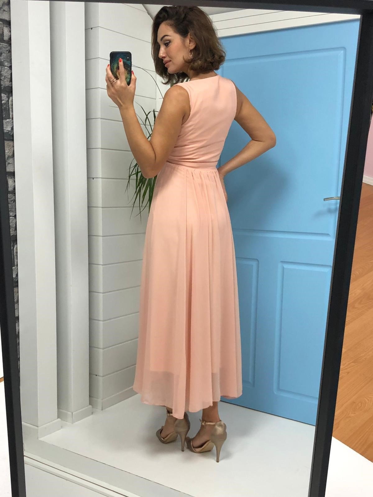 Kruvaze Yaka Midi Boy Şifon Elbise - SOMON RENK