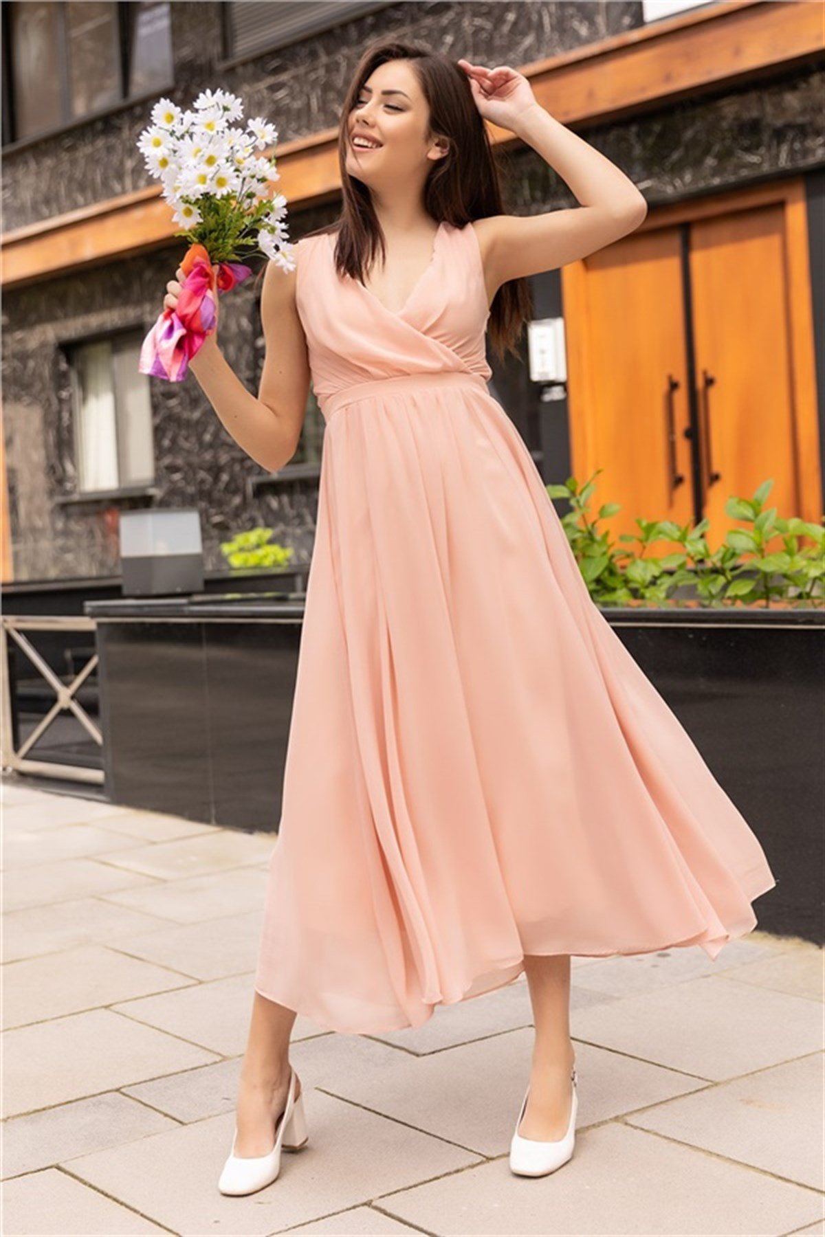 Kruvaze Yaka Midi Boy Şifon Elbise - SOMON RENK