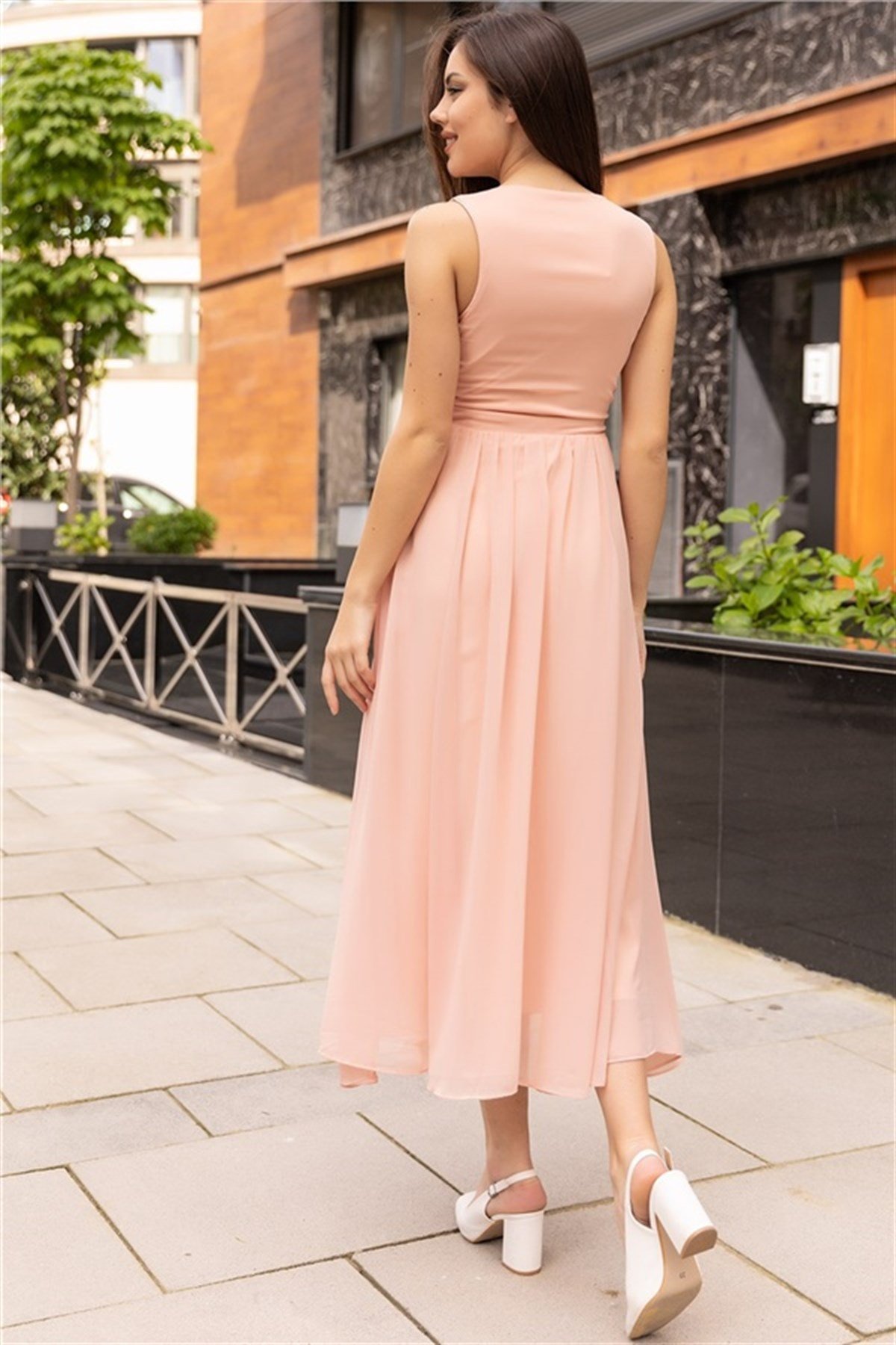 Kruvaze Yaka Midi Boy Şifon Elbise - SOMON RENK