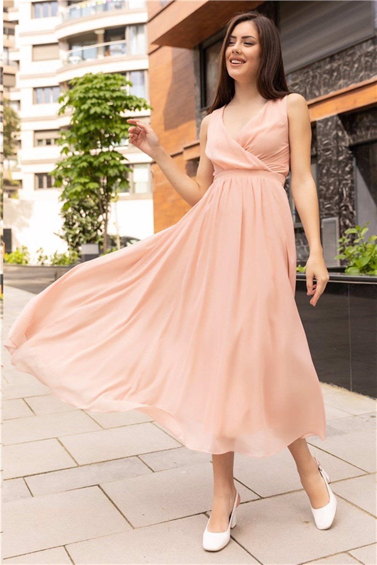 Kruvaze Yaka Midi Boy Şifon Elbise - SOMON RENK