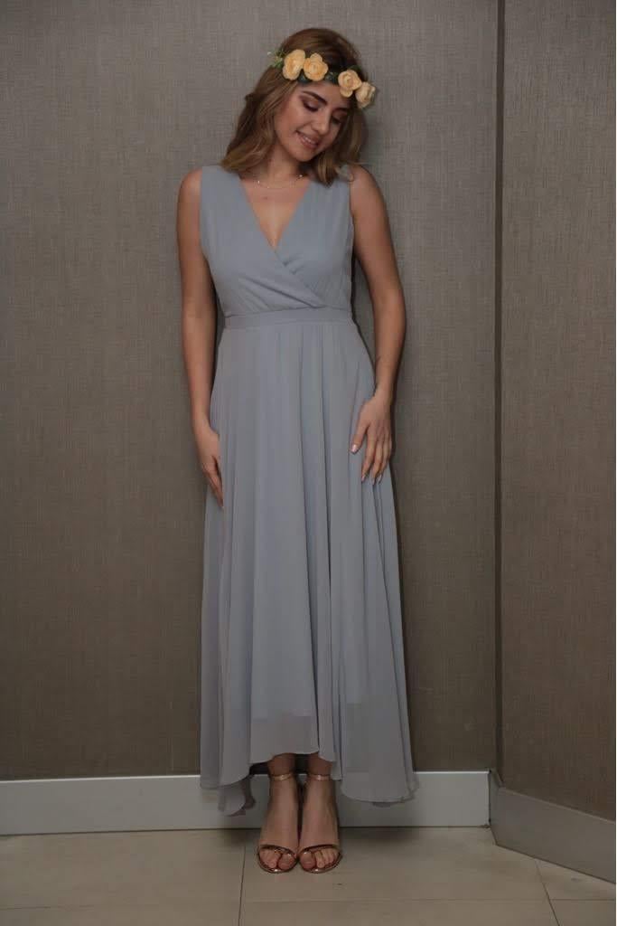 Kruvaze Yaka Şifon Kumaş İç Astarlı Fermuarlı Uzun Elbise - GRİ