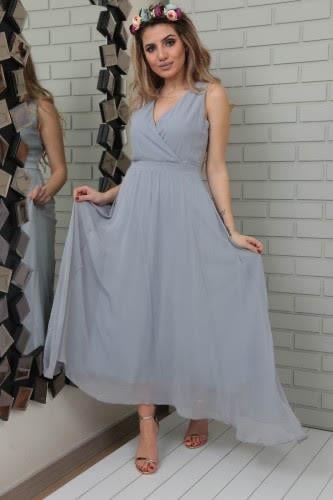 Kruvaze Yaka Şifon Kumaş İç Astarlı Fermuarlı Uzun Elbise - GRİ