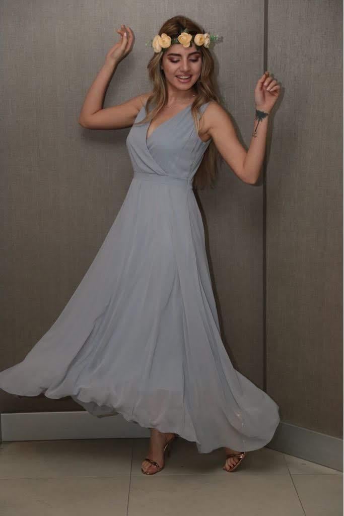 Kruvaze Yaka Şifon Kumaş İç Astarlı Fermuarlı Uzun Elbise - GRİ