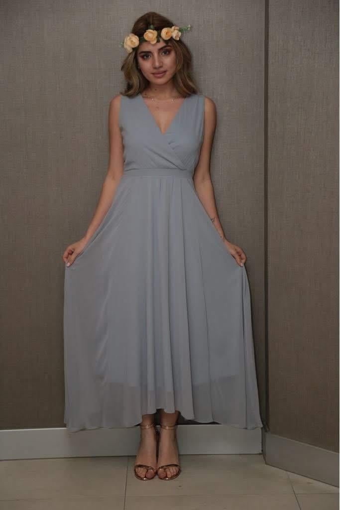 Kruvaze Yaka Şifon Kumaş İç Astarlı Fermuarlı Uzun Elbise - GRİ