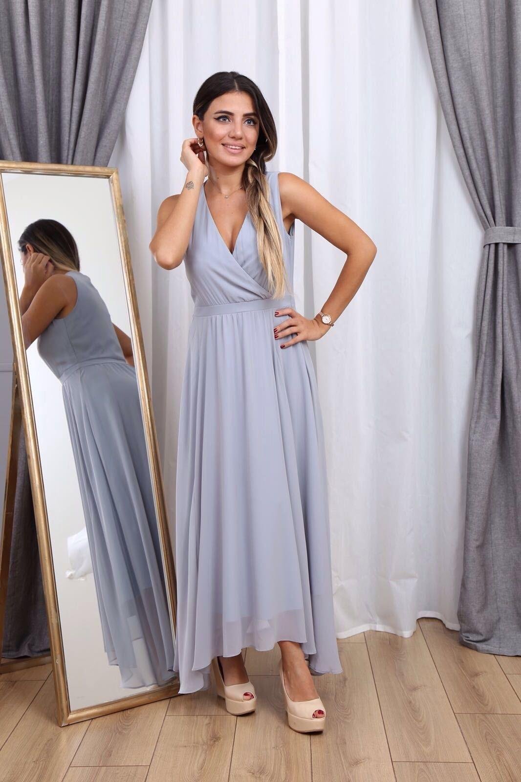 Kruvaze Yaka Şifon Kumaş İç Astarlı Fermuarlı Uzun Elbise - GRİ