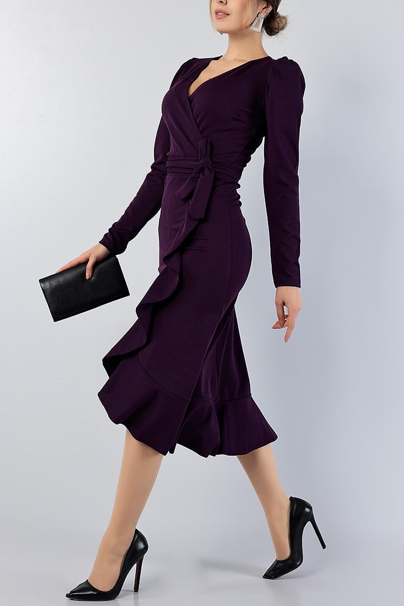 Kruvaze Yaka Uzun Karpuz Kol Etek Kısmı Volanlı Kemerli Midi Elbise - MÜRDÜM