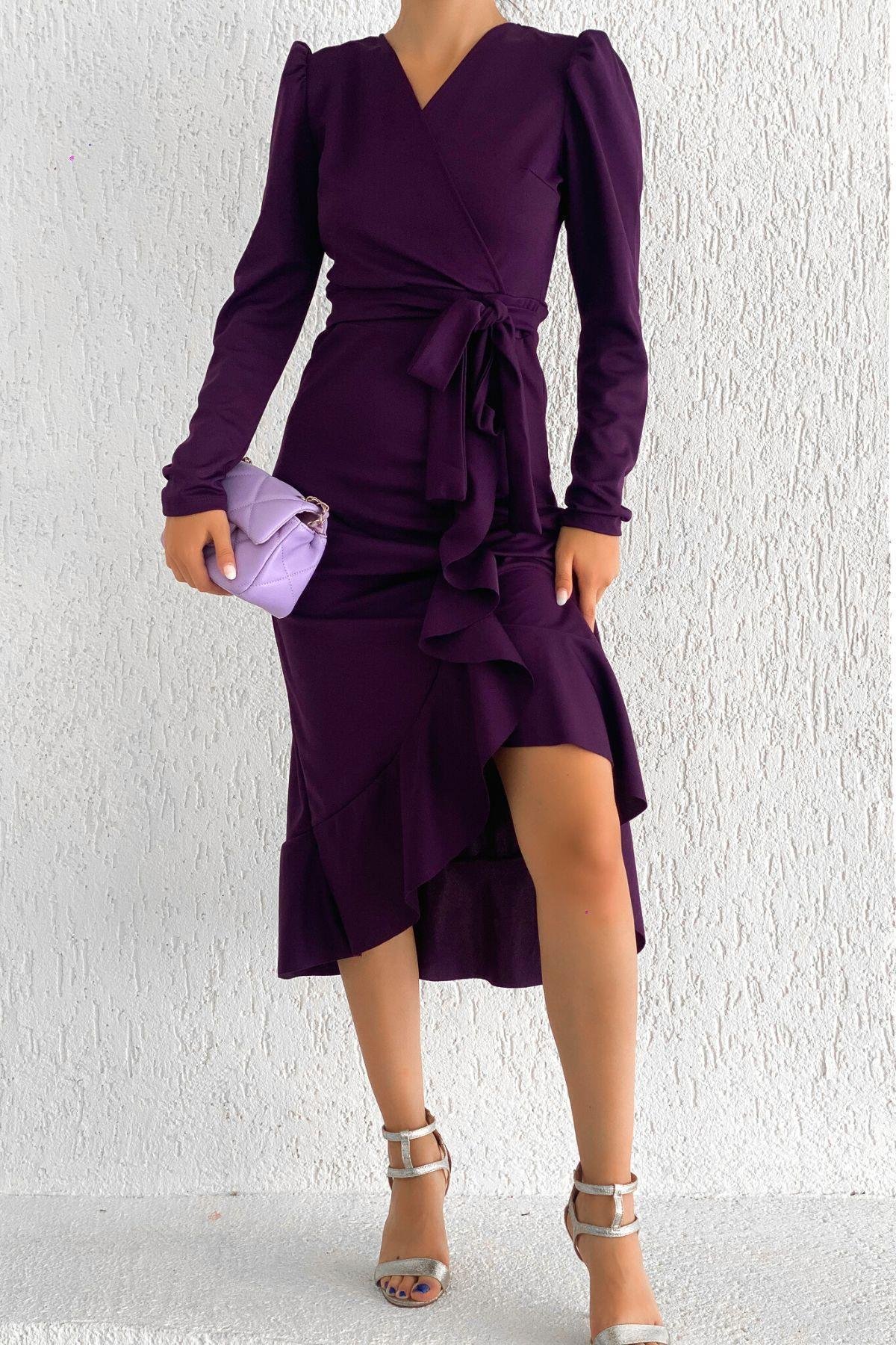 Kruvaze Yaka Uzun Karpuz Kol Etek Kısmı Volanlı Kemerli Midi Elbise - MÜRDÜM