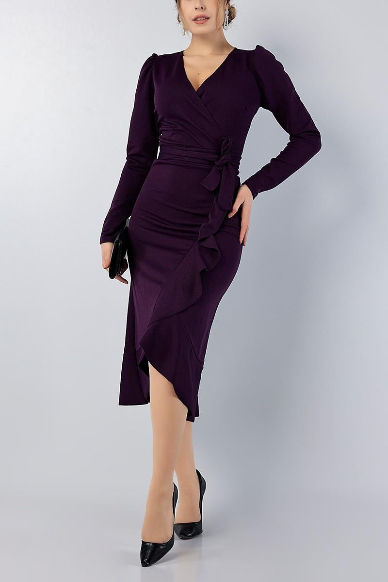 Kruvaze Yaka Uzun Karpuz Kol Etek Kısmı Volanlı Kemerli Midi Elbise - MÜRDÜM