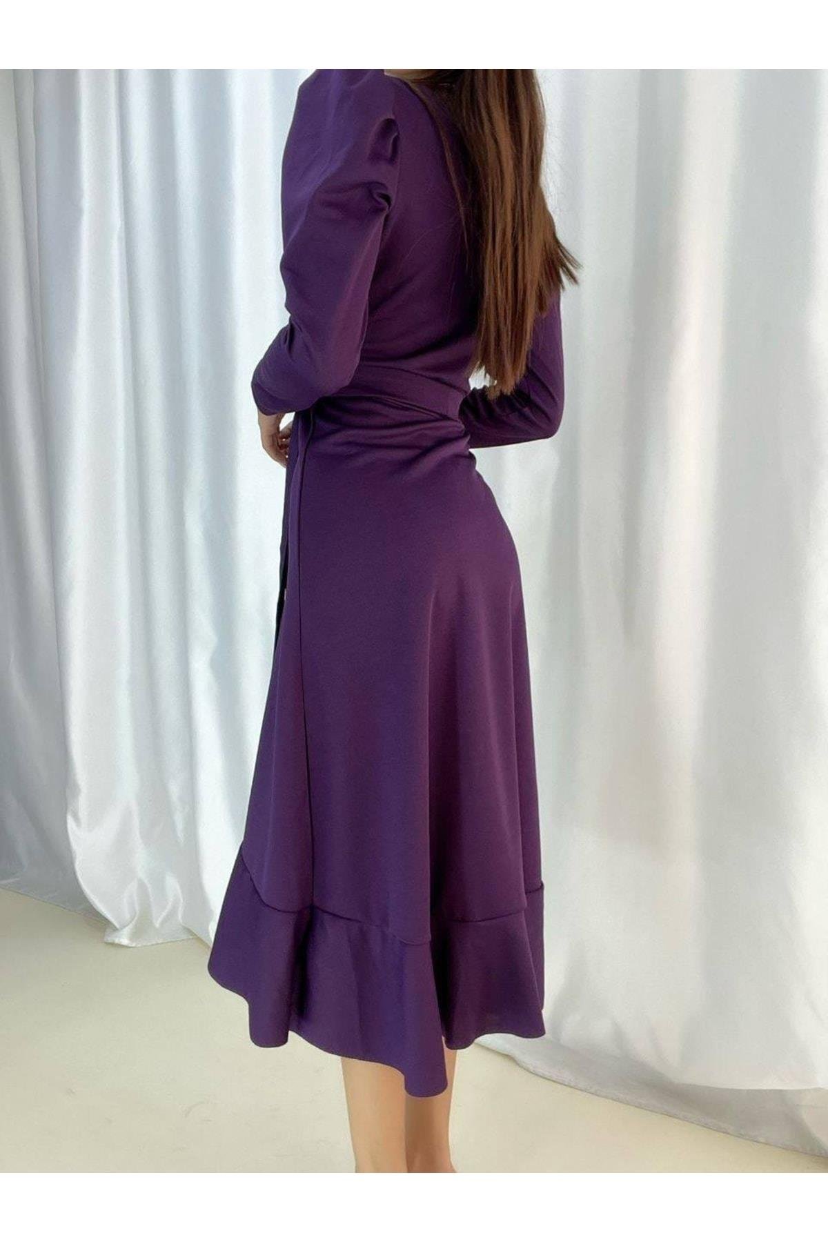 Kruvaze Yaka Uzun Karpuz Kol Etek Kısmı Volanlı Kemerli Midi Elbise - MÜRDÜM