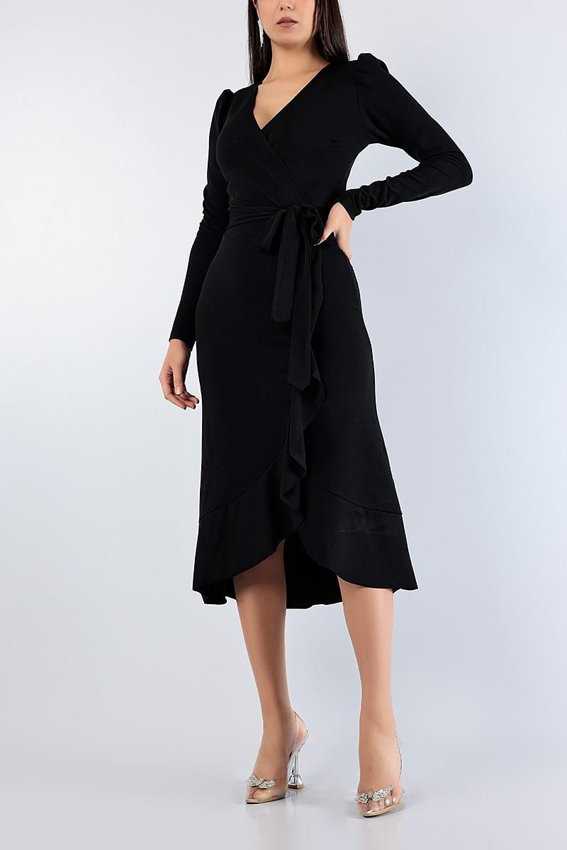 Kruvaze Yaka Uzun Karpuz Kol Etek Kısmı Volanlı Kemerli Midi Elbise - SİYAH