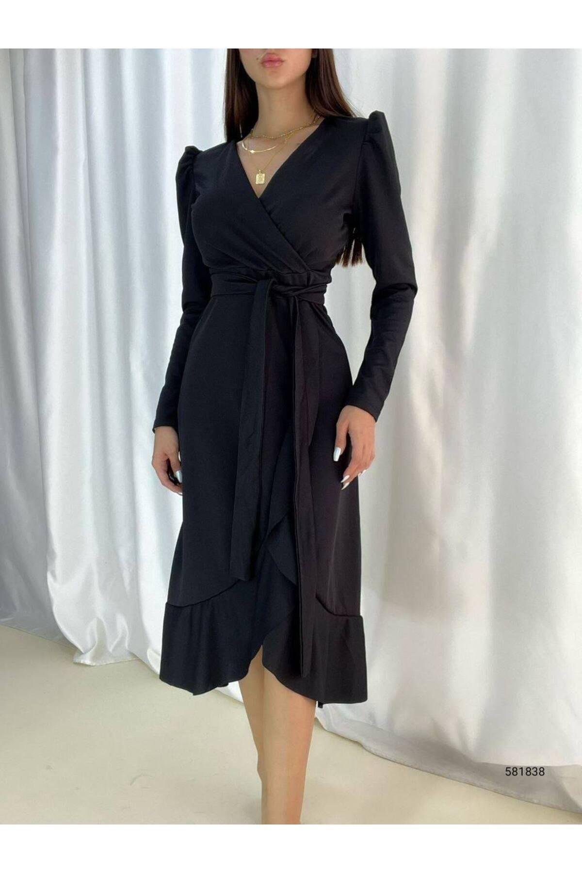 Kruvaze Yaka Uzun Karpuz Kol Etek Kısmı Volanlı Kemerli Midi Elbise - SİYAH