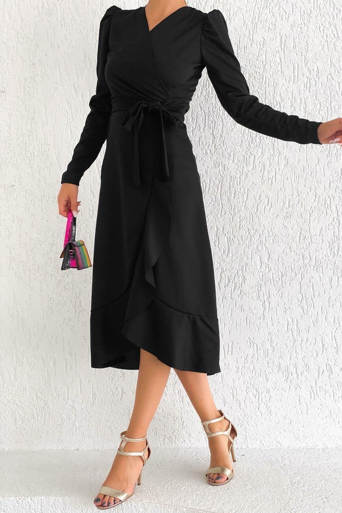 Kruvaze Yaka Uzun Karpuz Kol Etek Kısmı Volanlı Kemerli Midi Elbise - SİYAH