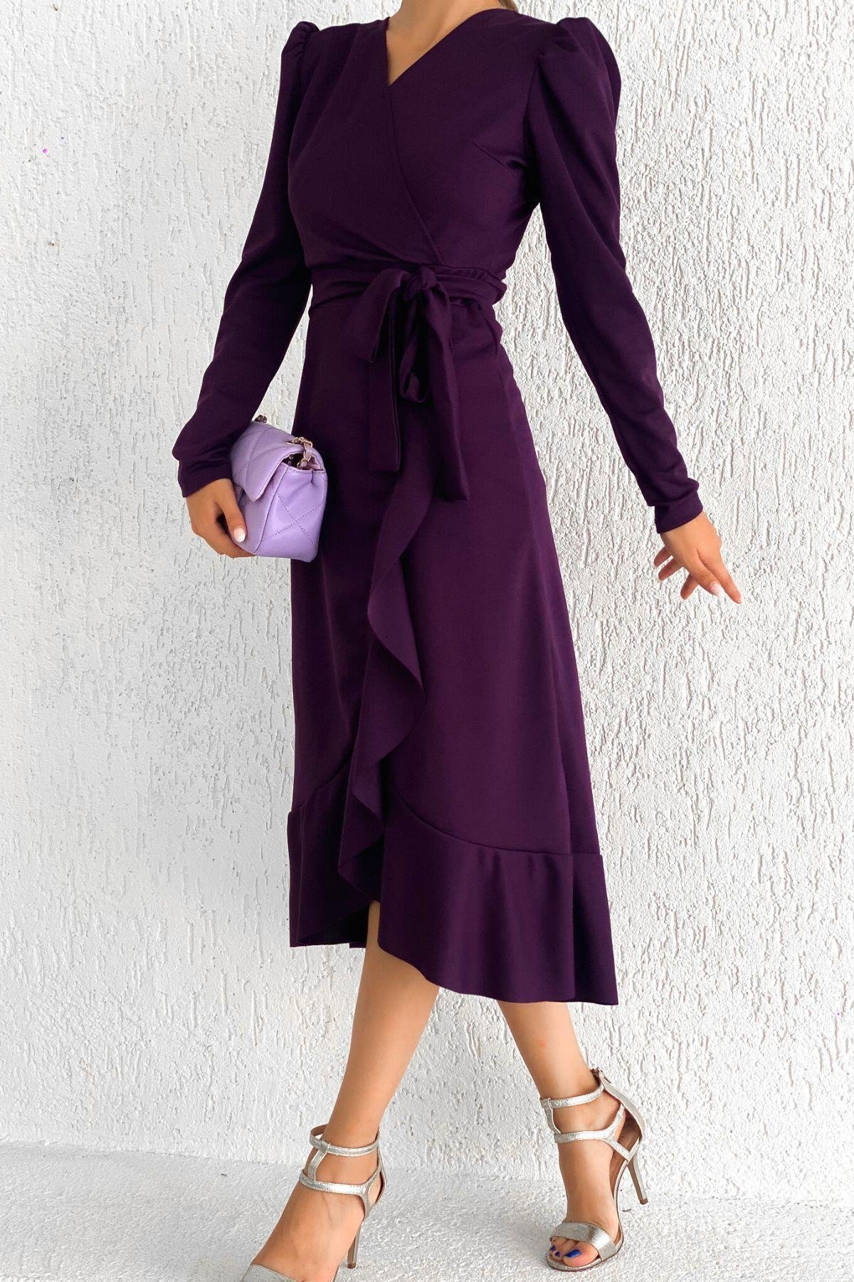 Kruvaze Yaka Uzun Karpuz Kol Etek Kısmı Volanlı Kemerli Midi Elbise - MÜRDÜM