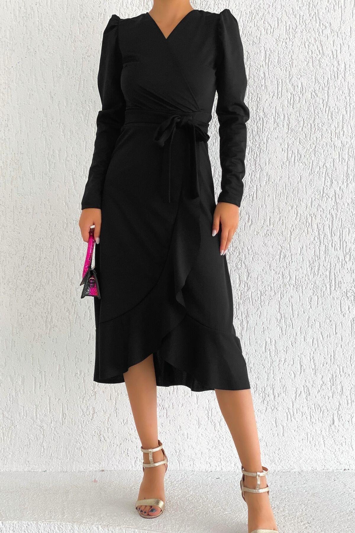 Kruvaze Yaka Uzun Karpuz Kol Etek Kısmı Volanlı Kemerli Midi Elbise - SİYAH