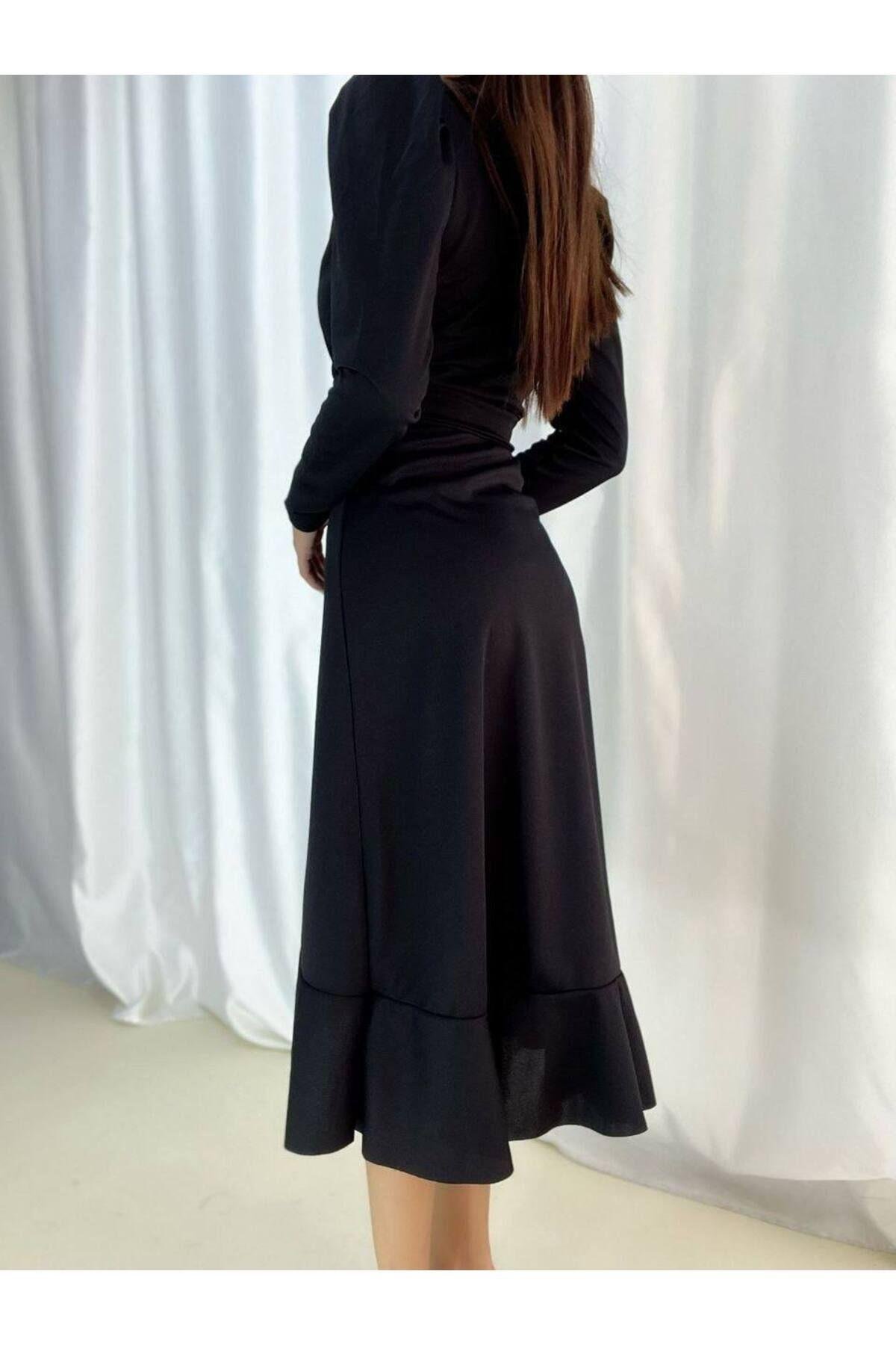 Kruvaze Yaka Uzun Karpuz Kol Etek Kısmı Volanlı Kemerli Midi Elbise - SİYAH