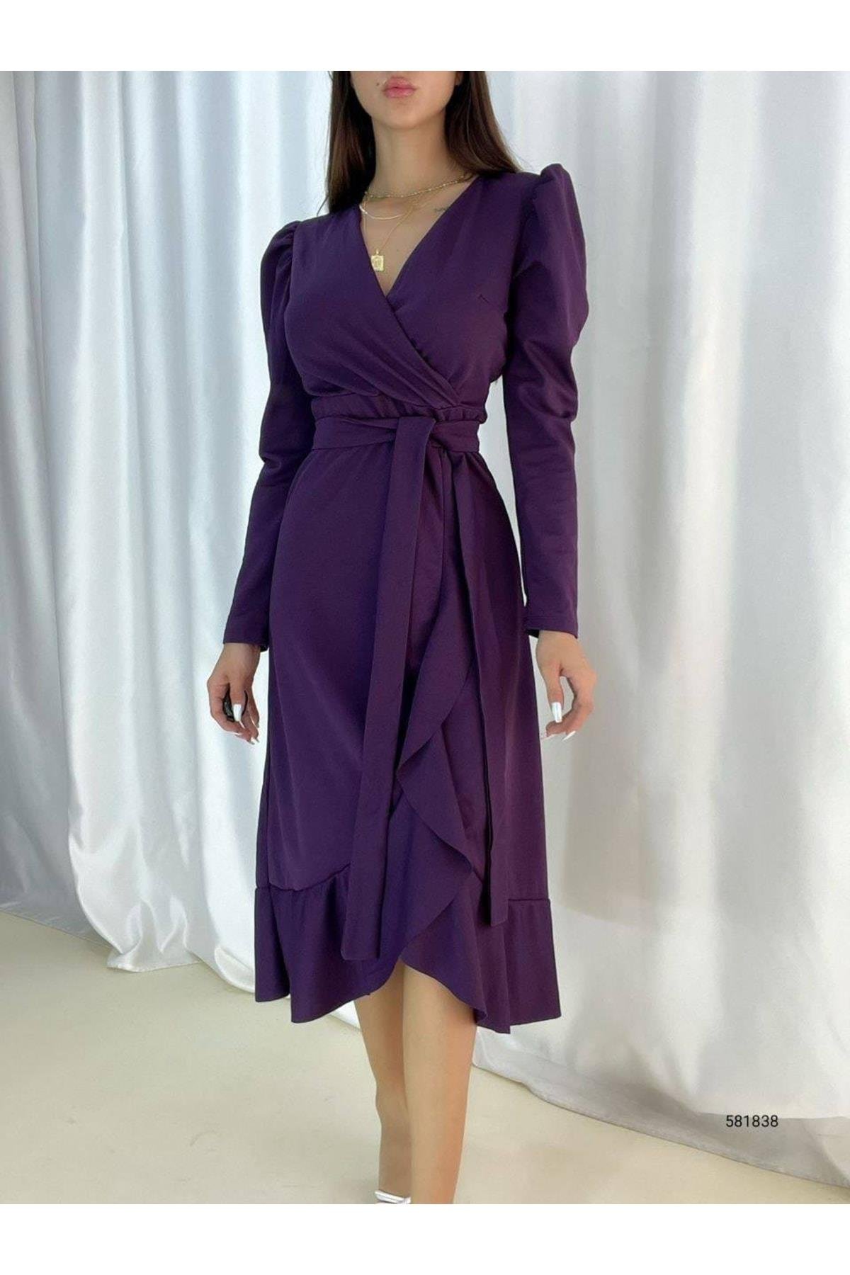 Kruvaze Yaka Uzun Karpuz Kol Etek Kısmı Volanlı Kemerli Midi Elbise - MÜRDÜM