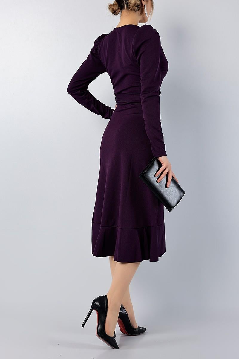 Kruvaze Yaka Uzun Karpuz Kol Etek Kısmı Volanlı Kemerli Midi Elbise - MÜRDÜM