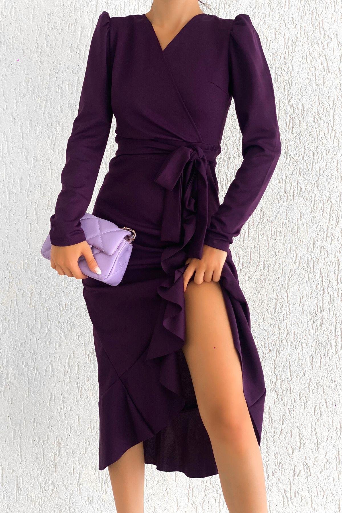 Kruvaze Yaka Uzun Karpuz Kol Etek Kısmı Volanlı Kemerli Midi Elbise - MÜRDÜM