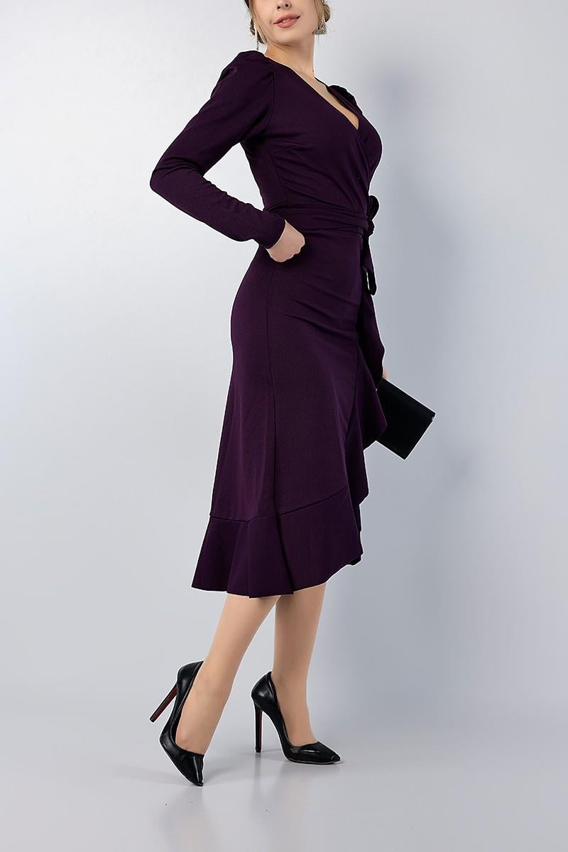 Kruvaze Yaka Uzun Karpuz Kol Etek Kısmı Volanlı Kemerli Midi Elbise - MÜRDÜM