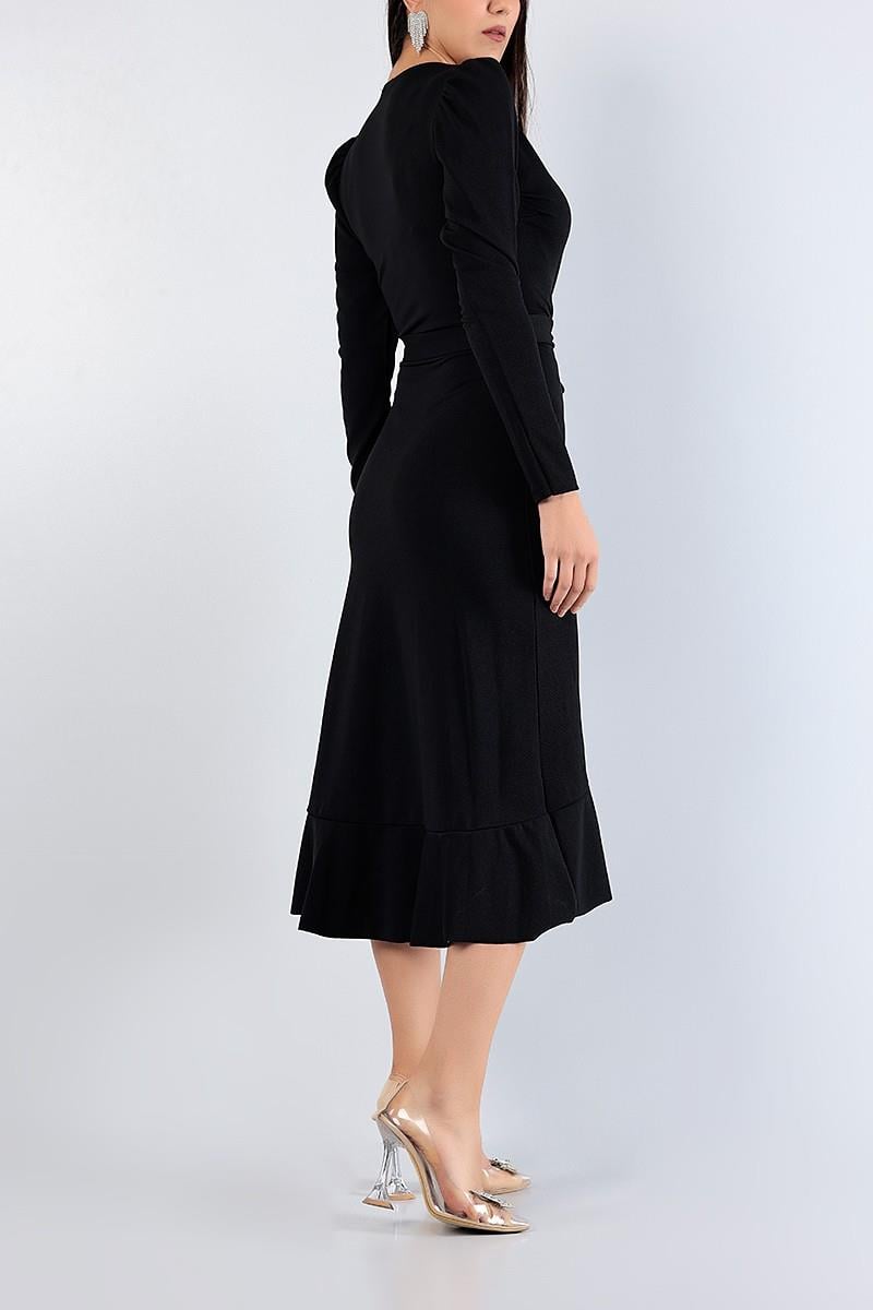 Kruvaze Yaka Uzun Karpuz Kol Etek Kısmı Volanlı Kemerli Midi Elbise - SİYAH