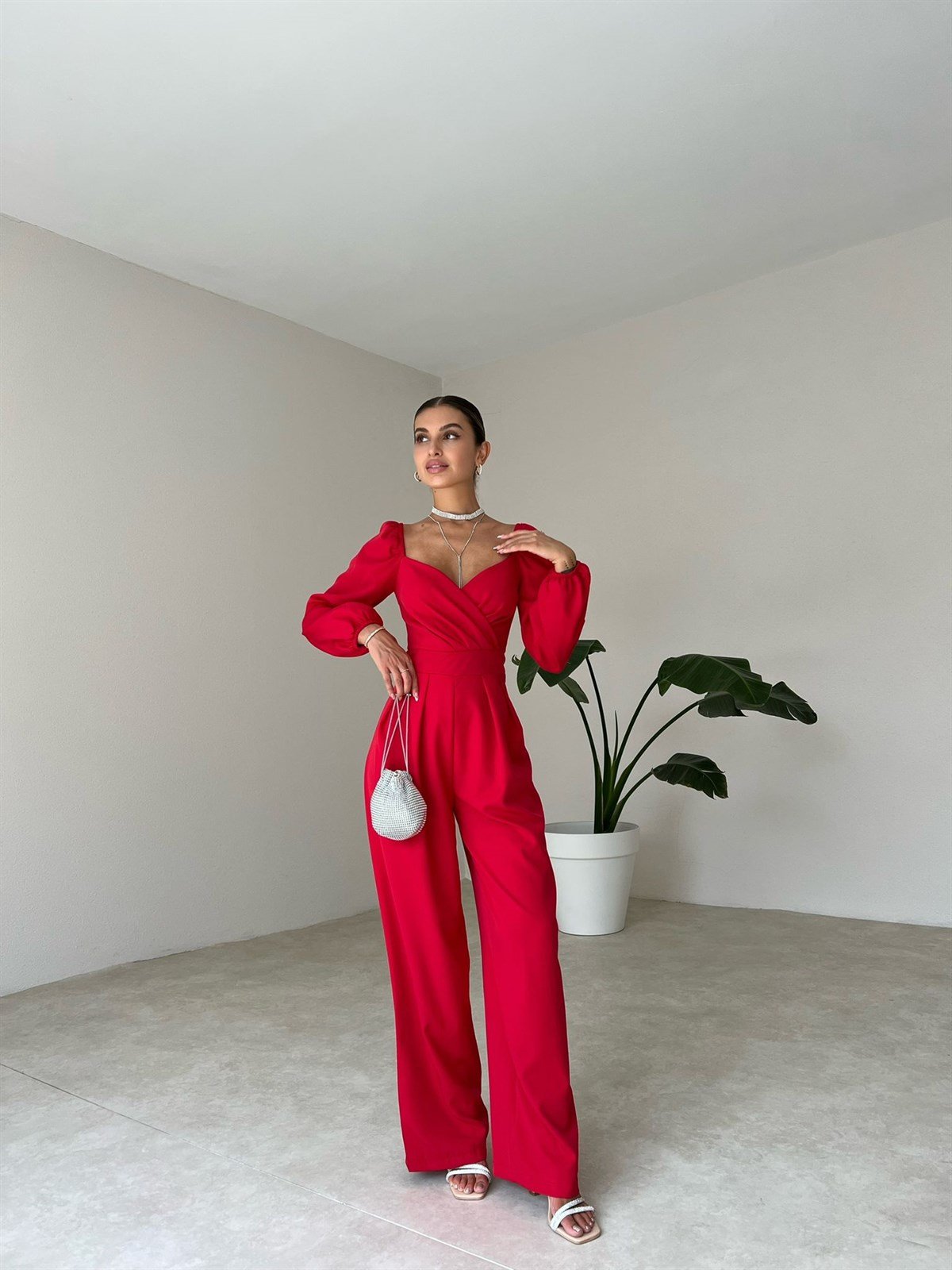 Kruvaze Yaka Uzun Kol Tulum - KIRMIZI